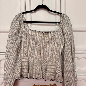 Women's Cream Striped Peplum Blouse with Black Scallop Trim